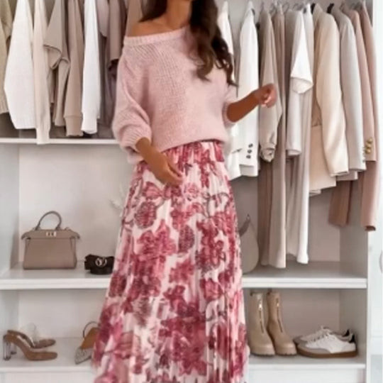 🌸Crew Neck Top &amp; Printed Belted Skirt Set🌸