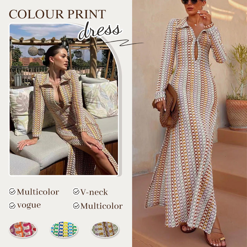 Abito a maniche lunghe con stampa colorata in camicia da spiaggia