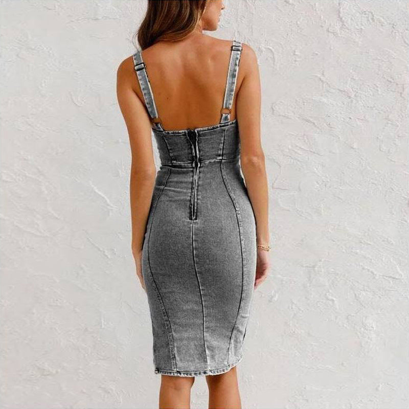 🌷Frühling Vorverkauf 50% Rabatt🍃Denim U-Ausschnitt Neckholder-Kleid mit Schlitz und verstellbaren Schulterträgern