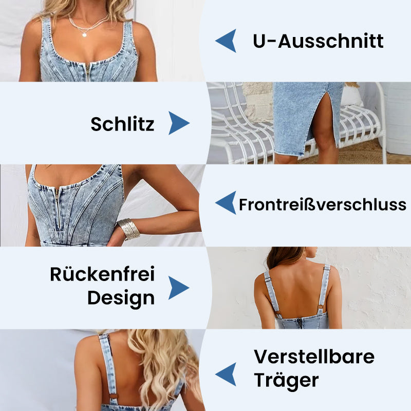 🌷Frühling Vorverkauf 50% Rabatt🍃Denim U-Ausschnitt Neckholder-Kleid mit Schlitz und verstellbaren Schulterträgern