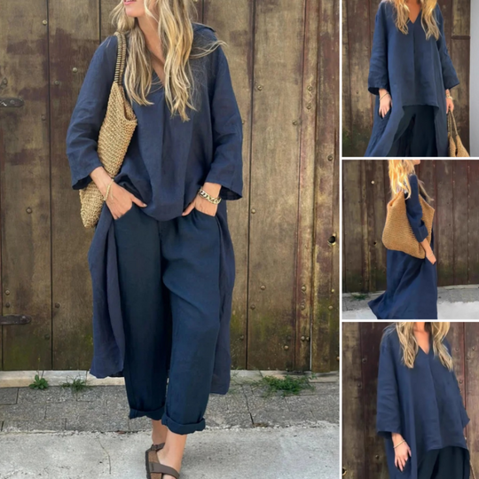 Summer, loose ladies 2-part set: top with bag and V-neck &amp; matching trousers