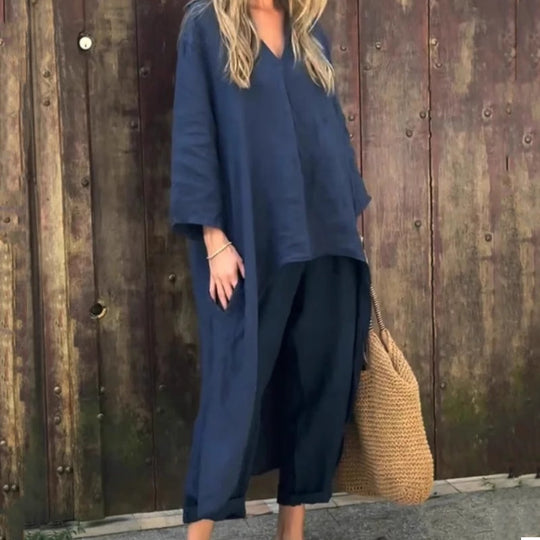 Summer, loose ladies 2-part set: top with bag and V-neck &amp; matching trousers