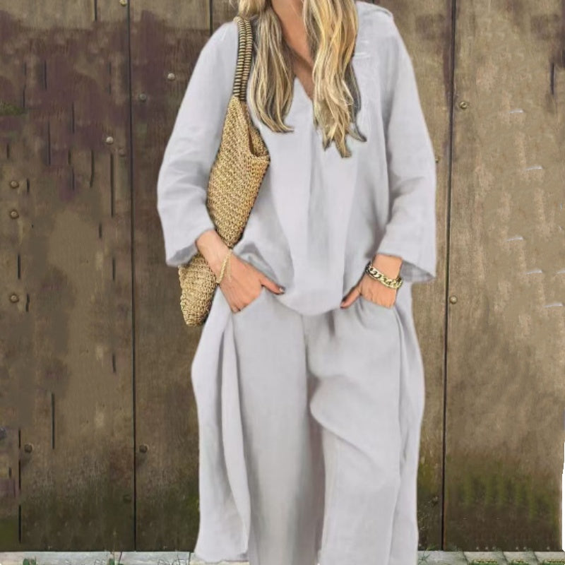 Summer, loose ladies 2-part set: top with bag and V-neck &amp; matching trousers
