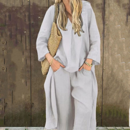 Sommerliches, lockeres Damen 2-teiliges Set: Oberteil mit Tasche und V-Ausschnitt & passende Hose