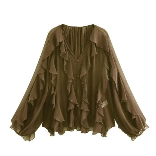 V-Neck Button Closure Ruffle Trimmed Blouse