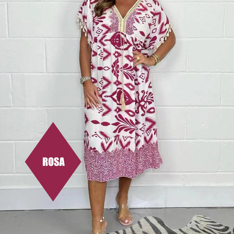 ✨Hot Sale 49% Off🌸Bedrucktes Freizeitkleid mit V-Ausschnitt und Fransen an den kurzen Ärmeln