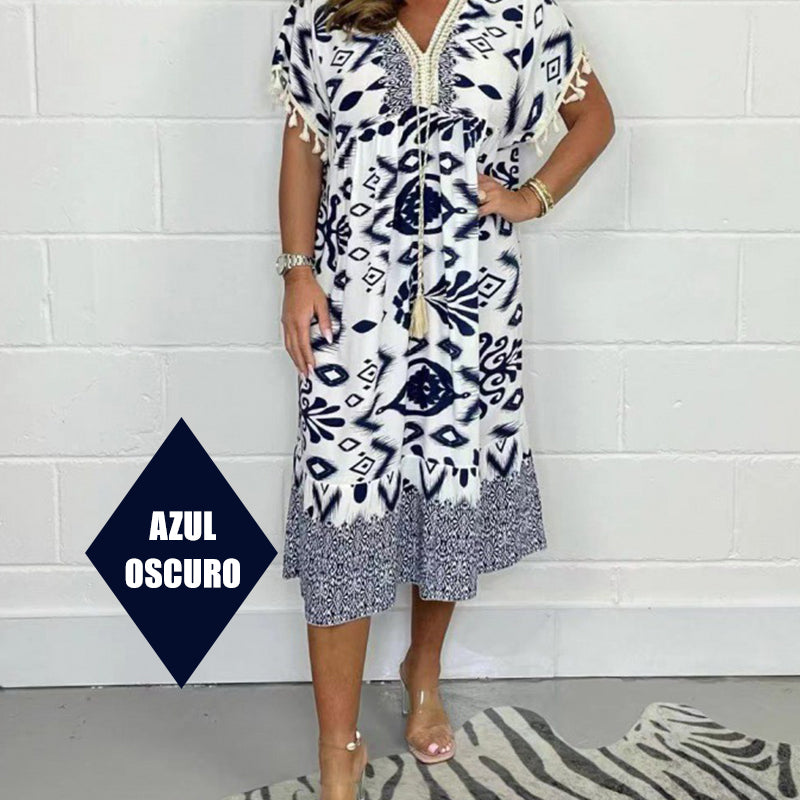 ✨Hot Sale 49% Off🌸Bedrucktes Freizeitkleid mit V-Ausschnitt und Fransen an den kurzen Ärmeln