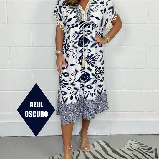 ✨Hot Sale 49% Off🌸Bedrucktes Freizeitkleid mit V-Ausschnitt und Fransen an den kurzen Ärmeln