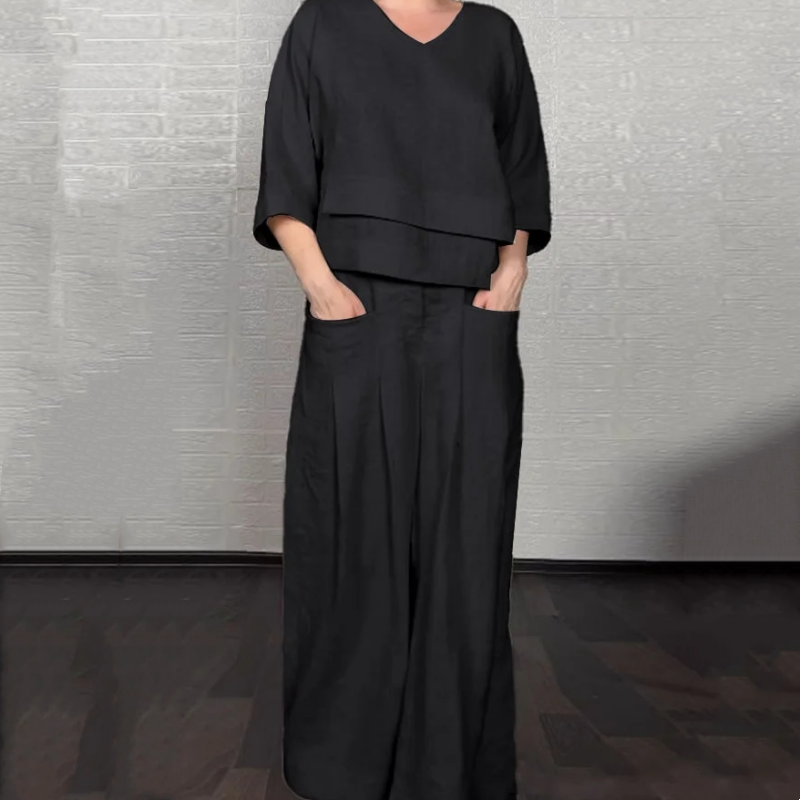 💎 2-teiliges Set aus Baumwoll-Leinen mit unregelmäßigem Saum – V-Ausschnitt-Oberteil + Weitbein-Hose, atmungsaktiv & mühelos stilvoll 🍂👚