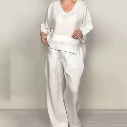 💎 2-teiliges Set aus Baumwoll-Leinen mit unregelmäßigem Saum – V-Ausschnitt-Oberteil + Weitbein-Hose, atmungsaktiv &amp; mühelos stilvoll 🍂👚