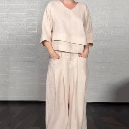 💎 2-teiliges Set aus Baumwoll-Leinen mit unregelmäßigem Saum – V-Ausschnitt-Oberteil + Weitbein-Hose, atmungsaktiv & mühelos stilvoll 🍂👚