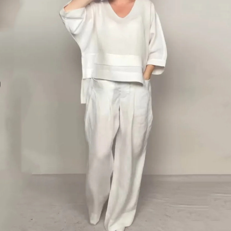 💎 2-teiliges Set aus Baumwoll-Leinen mit unregelmäßigem Saum – V-Ausschnitt-Oberteil + Weitbein-Hose, atmungsaktiv &amp; mühelos stilvoll 🍂👚