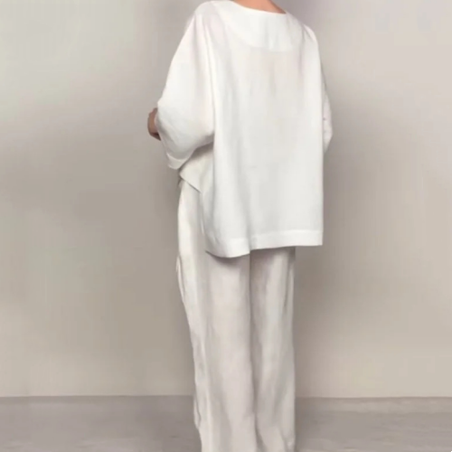 💎 2-teiliges Set aus Baumwoll-Leinen mit unregelmäßigem Saum – V-Ausschnitt-Oberteil + Weitbein-Hose, atmungsaktiv &amp; mühelos stilvoll 🍂👚