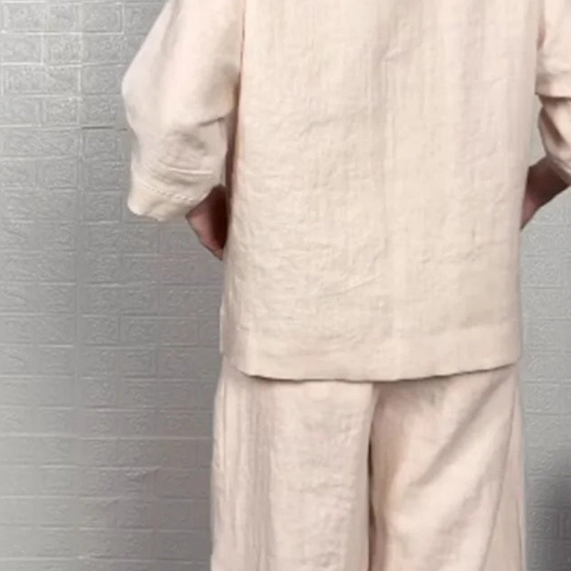 💎 2-teiliges Set aus Baumwoll-Leinen mit unregelmäßigem Saum – V-Ausschnitt-Oberteil + Weitbein-Hose, atmungsaktiv &amp; mühelos stilvoll 🍂👚