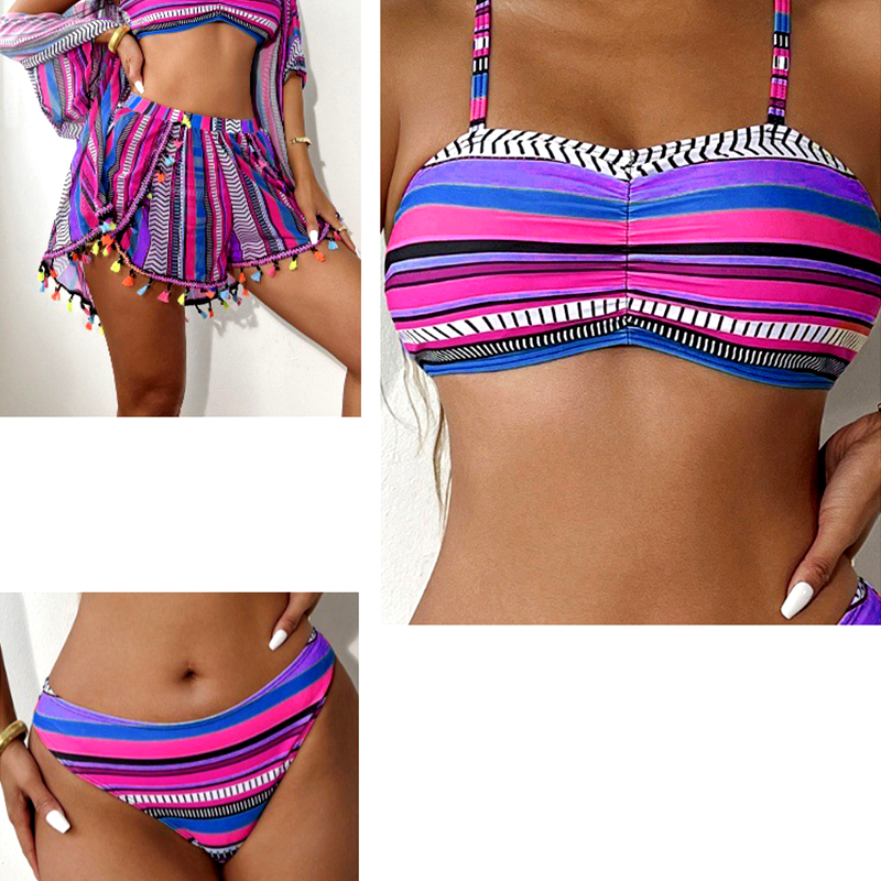 💎 50% DE THALAMH! 💎 Tacar bikini stríocach 4 phíosa do mhná – Ard-choim, triomú tapa &amp;  le caith trá + shorts 🩱🌴