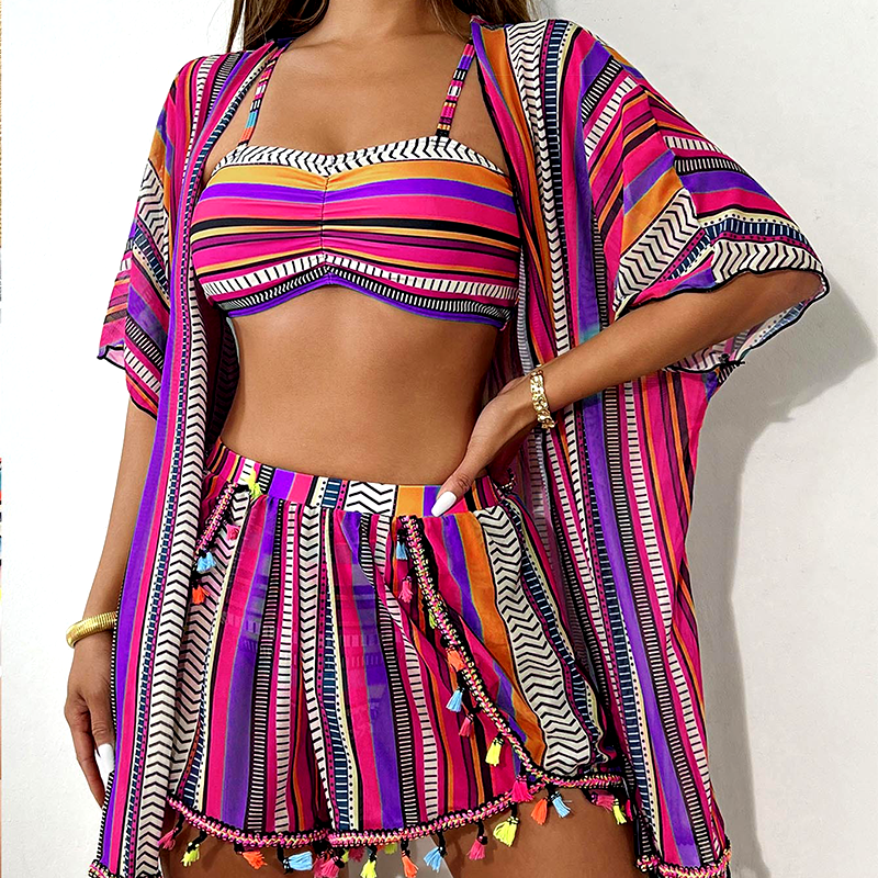 💎 50% DE THALAMH! 💎 Tacar bikini stríocach 4 phíosa do mhná – Ard-choim, triomú tapa &amp;  le caith trá + shorts 🩱🌴