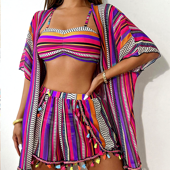 💎 50% DE THALAMH! 💎 Tacar bikini stríocach 4 phíosa do mhná – Ard-choim, triomú tapa &amp;  le caith trá + shorts 🩱🌴