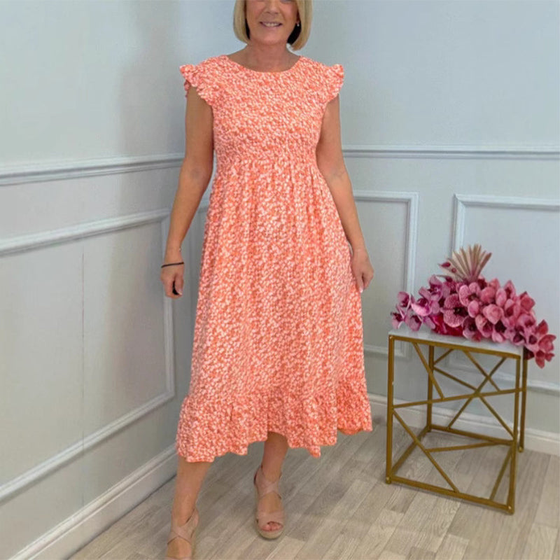 🌸Elegantes Damenkleid mit Blumenmuster, hohem Bund, Rüschenärmeln und kurzen Ärmeln💃