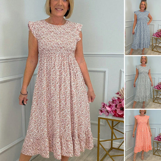 🌸Elegantes Damenkleid mit Blumenmuster, hohem Bund, Rüschenärmeln und kurzen Ärmeln💃