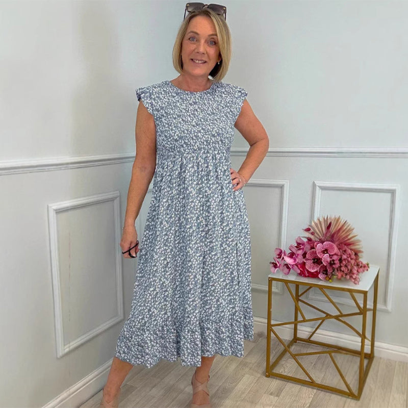 🌸Elegantes Damenkleid mit Blumenmuster, hohem Bund, Rüschenärmeln und kurzen Ärmeln💃