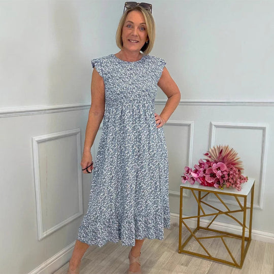 🌸Elegantes Damenkleid mit Blumenmuster, hohem Bund, Rüschenärmeln und kurzen Ärmeln💃