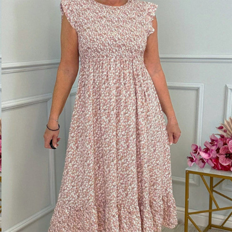 🌸Elegantes Damenkleid mit Blumenmuster, hohem Bund, Rüschenärmeln und kurzen Ärmeln💃