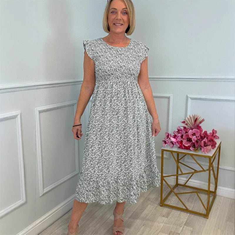 🌸Elegantes Damenkleid mit Blumenmuster, hohem Bund, Rüschenärmeln und kurzen Ärmeln💃