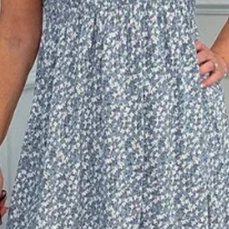 🌸Elegantes Damenkleid mit Blumenmuster, hohem Bund, Rüschenärmeln und kurzen Ärmeln💃