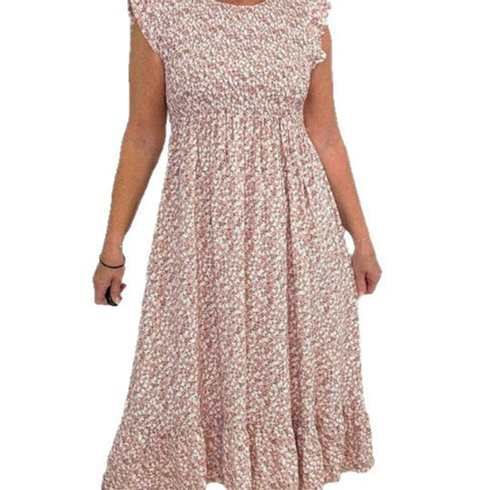 🌸Elegantes Damenkleid mit Blumenmuster, hohem Bund, Rüschenärmeln und kurzen Ärmeln💃