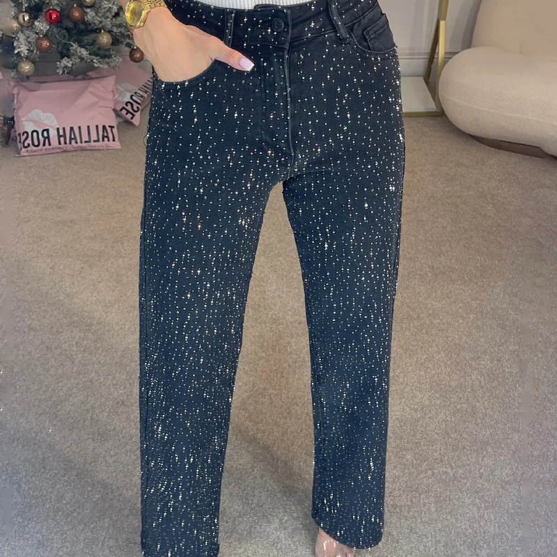 🔥Straight Leg Jeans mit Strasssteinen