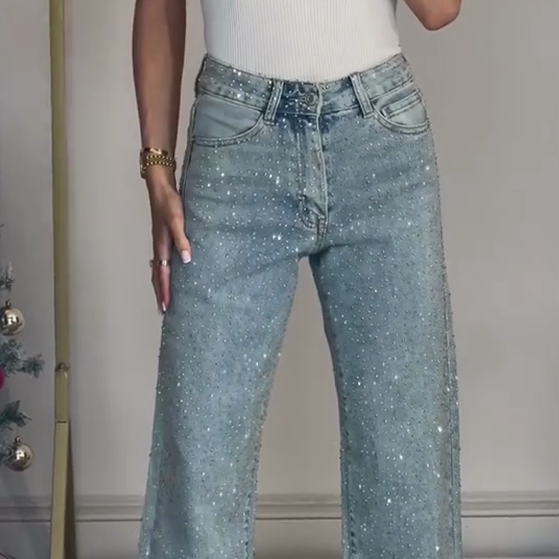 🔥Straight Leg Jeans mit Strasssteinen