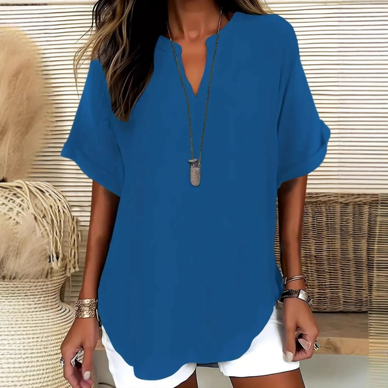 💎 50% OFF! 💎 Fashion Loose Short Sleeve Top – Notched V-Neck, Asymmetrical Hem &amp; Lightweight Fabric (5 Colors, S–2XL) 👕🌸