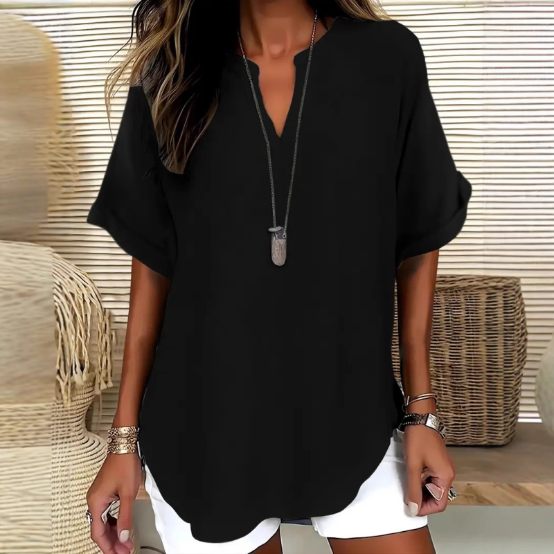💎 50% OFF! 💎 Fashion Loose Short Sleeve Top – Notched V-Neck, Asymmetrical Hem &amp; Lightweight Fabric (5 Colors, S–2XL) 👕🌸