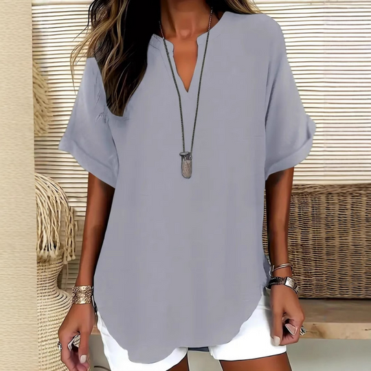 💎 50% OFF! 💎 Fashion Loose Short Sleeve Top – Notched V-Neck, Asymmetrical Hem &amp; Lightweight Fabric (5 Colors, S–2XL) 👕🌸