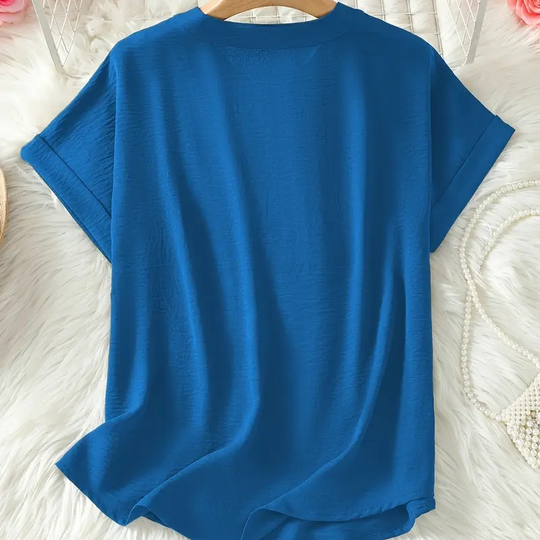 💎 50% OFF! 💎 Fashion Loose Short Sleeve Top – Notched V-Neck, Asymmetrical Hem &amp; Lightweight Fabric (5 Colors, S–2XL) 👕🌸