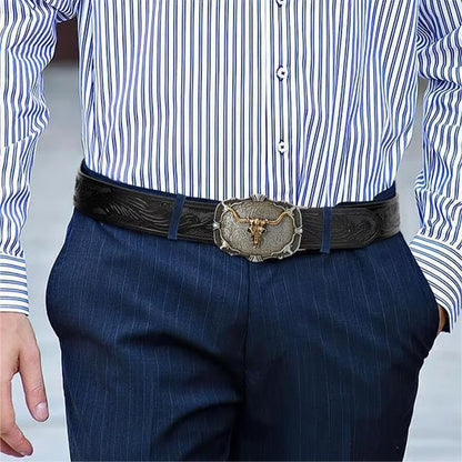 Herren-Gürtel aus geprägtem Leder im Retro-Stil mit Stierkopf-Motiv