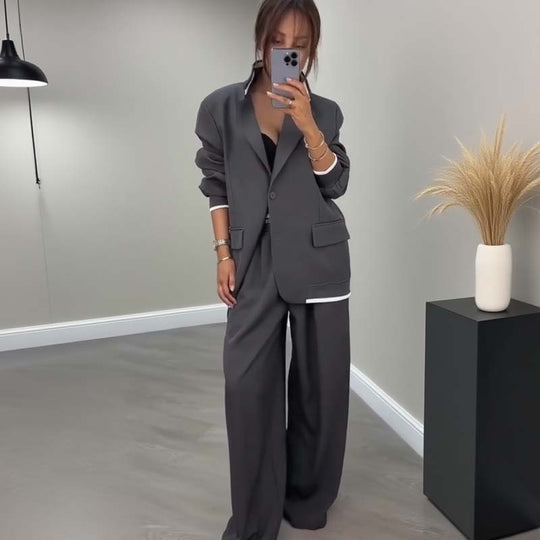 Traje de dos piezas para mujer: blazer de manga larga &amp; Pantalones de pierna ancha