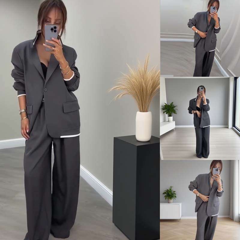 Traje de dos piezas para mujer: blazer de manga larga &amp; Pantalones de pierna ancha
