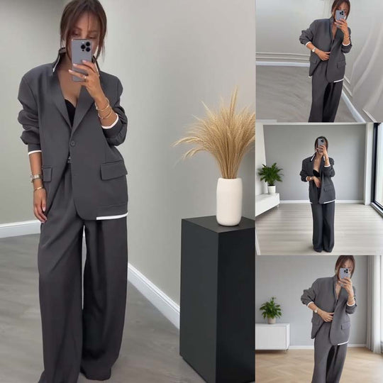 Traje de dos piezas para mujer: blazer de manga larga &amp; Pantalones de pierna ancha