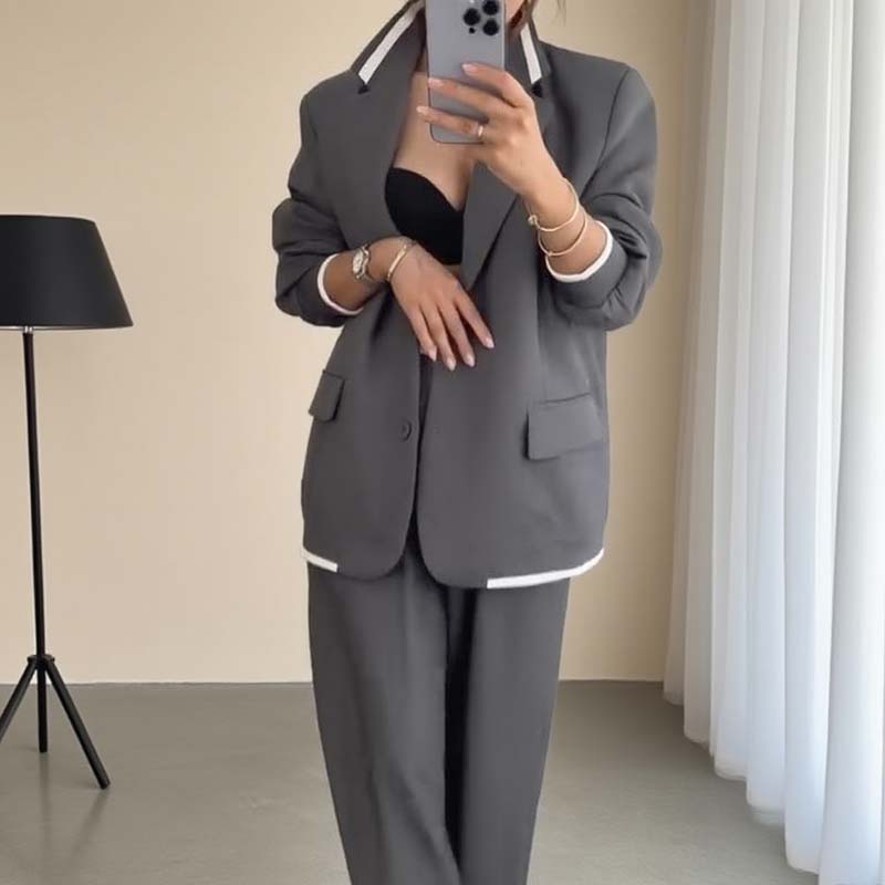 Traje de dos piezas para mujer: blazer de manga larga &amp; Pantalones de pierna ancha