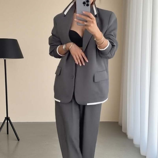 Traje de dos piezas para mujer: blazer de manga larga &amp; Pantalones de pierna ancha