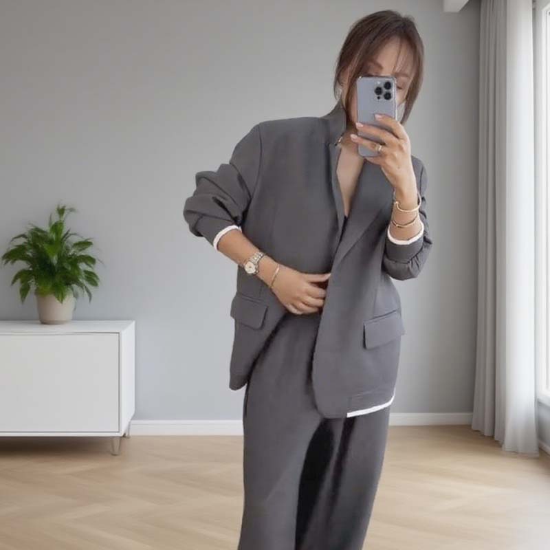 Traje de dos piezas para mujer: blazer de manga larga &amp; Pantalones de pierna ancha