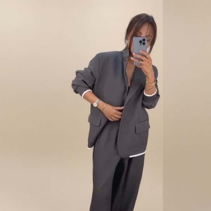 Traje de dos piezas para mujer: blazer de manga larga &amp; Pantalones de pierna ancha