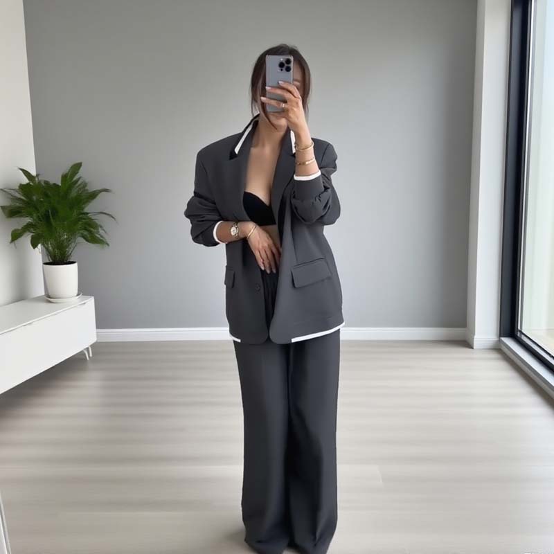 Traje de dos piezas para mujer: blazer de manga larga &amp; Pantalones de pierna ancha
