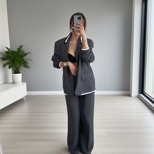 Traje de dos piezas para mujer: blazer de manga larga &amp; Pantalones de pierna ancha