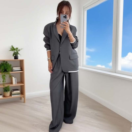 Traje de dos piezas para mujer: blazer de manga larga &amp; Pantalones de pierna ancha