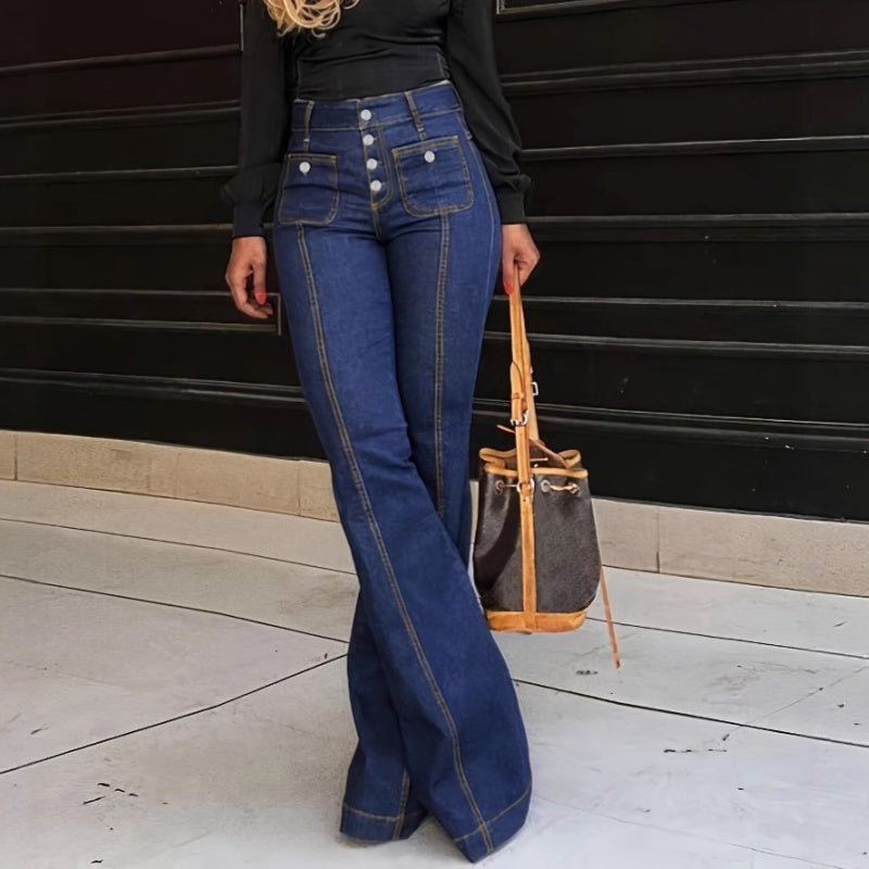 High-Waist Jeans mit Knopfleiste – Figurbetonte Schlaghose für Damen 👖✨