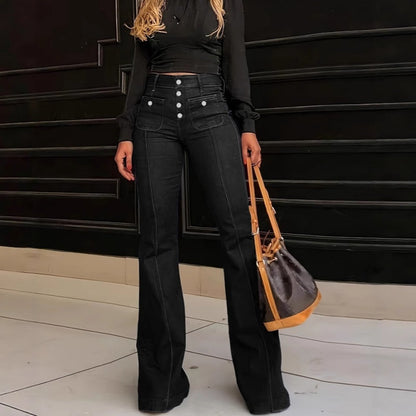 High-Waist Jeans mit Knopfleiste – Figurbetonte Schlaghose für Damen 👖✨
