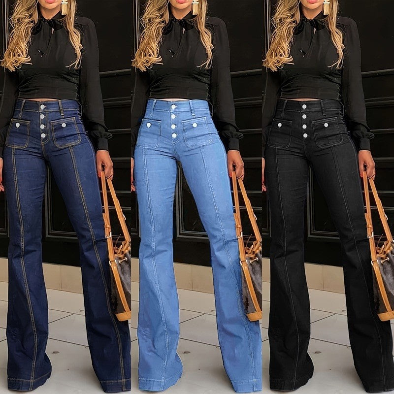 High-Waist Jeans mit Knopfleiste – Figurbetonte Schlaghose für Damen 👖✨
