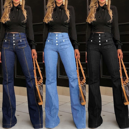 High-Waist Jeans mit Knopfleiste – Figurbetonte Schlaghose für Damen 👖✨